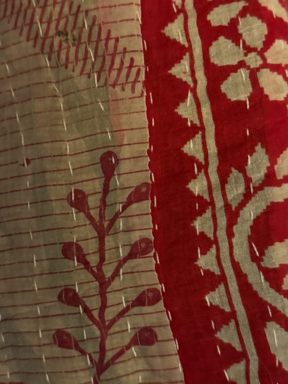 Red and Cream Printed Textile Scarf or Throw kantha